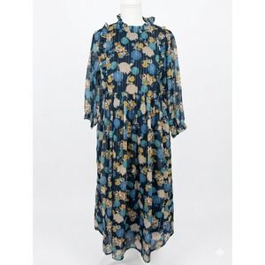 Janasya Womens Floral Metallic Pinstripe Ruffle Midi Dress Navy Blue Large L